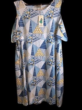NWT Womens  Blue & Yellow Geometric Cold-Shoulder Dress Sz 20